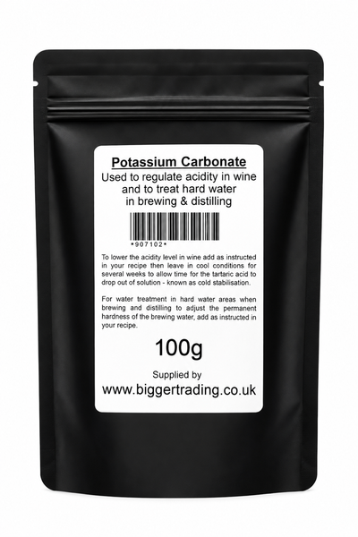 Potassium Carbonate 100g Resealable Pouch - Used to Regulate the Acidity in Wine & To Treat Hard Water in Brewing & Distilling