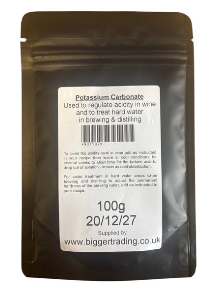 Potassium Carbonate 100g Resealable Pouch - Used to Regulate the Acidity in Wine & To Treat Hard Water in Brewing & Distilling