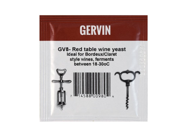 Yeast Sachet 5g - Gervin GV8 Red Wine Yeast - For Bourdeaux / Claret Style Wines & Higher Temperatures 